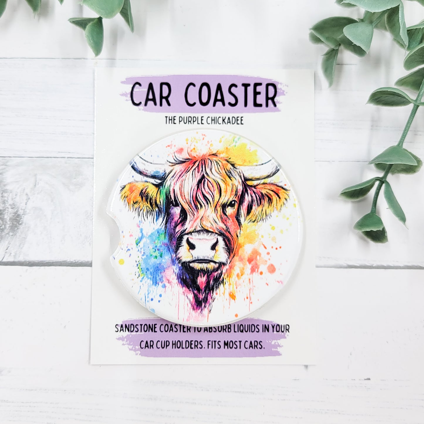 Watercolor Highland Cow Sandstone Car Coaster