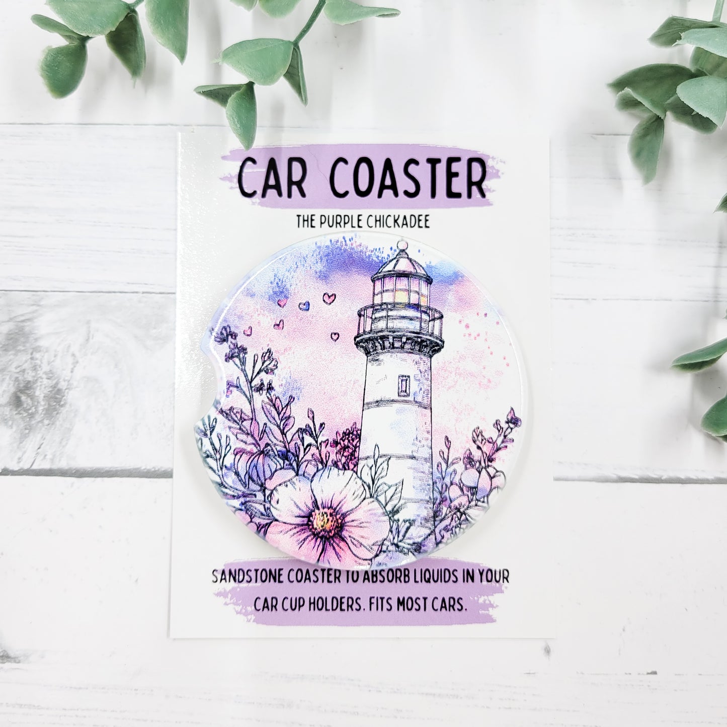 Watercolor Floral Lighthouse Sandstone Car Coaster