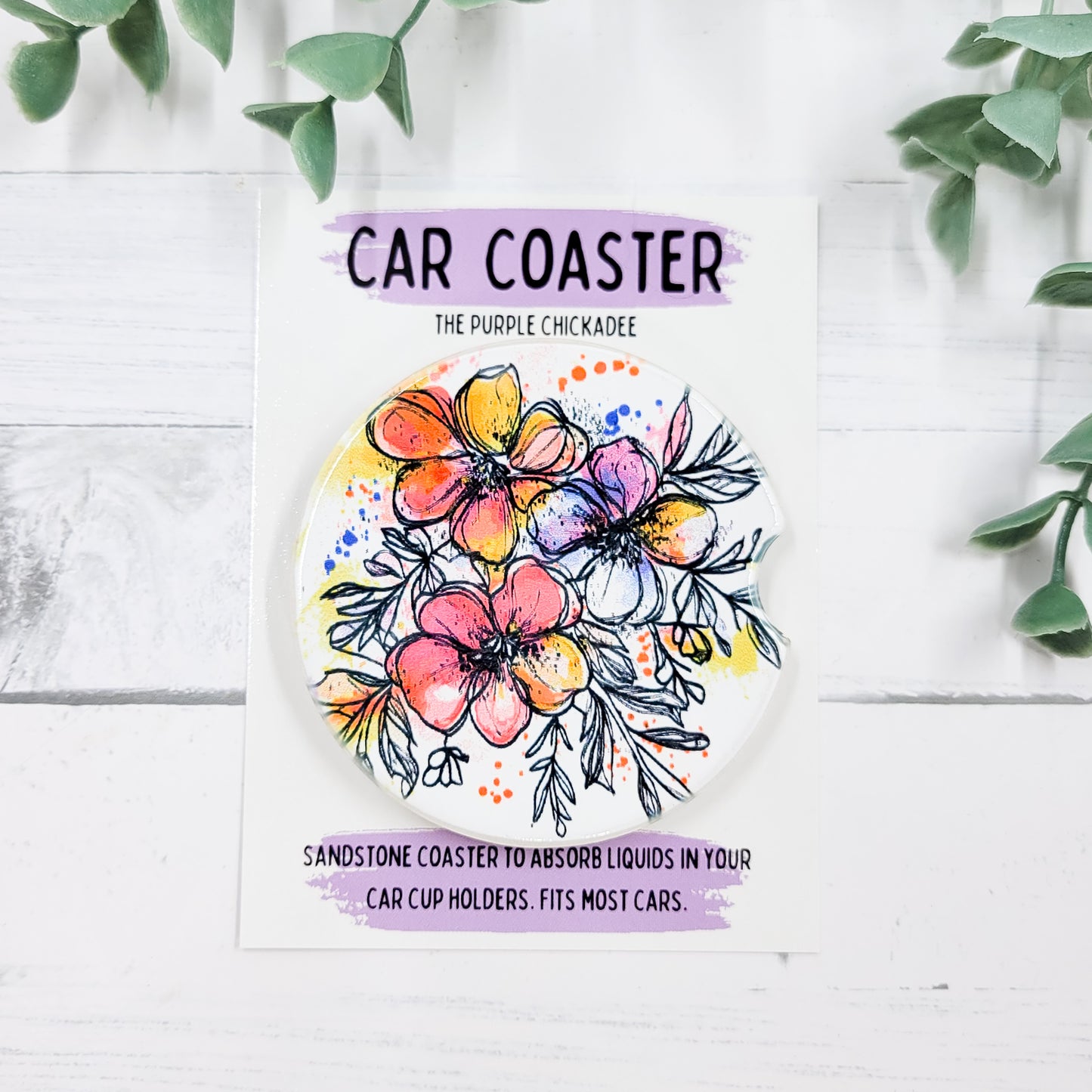 Watercolor Tropical Floral Sandstone Car Coaster