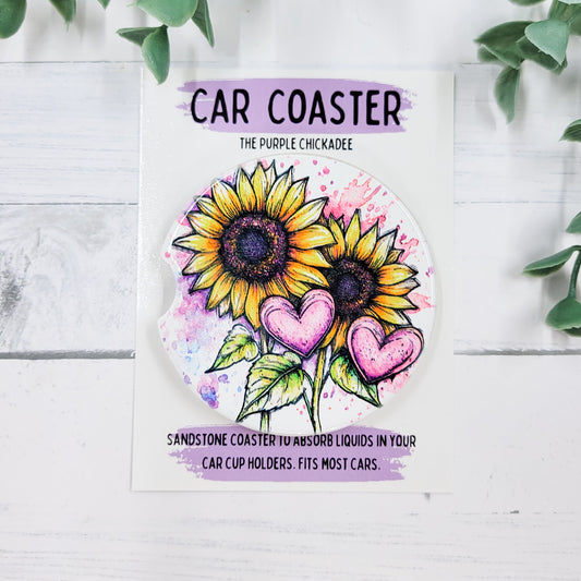 Watercolor Sunflowers & Hearts Sandstone Car Coaster