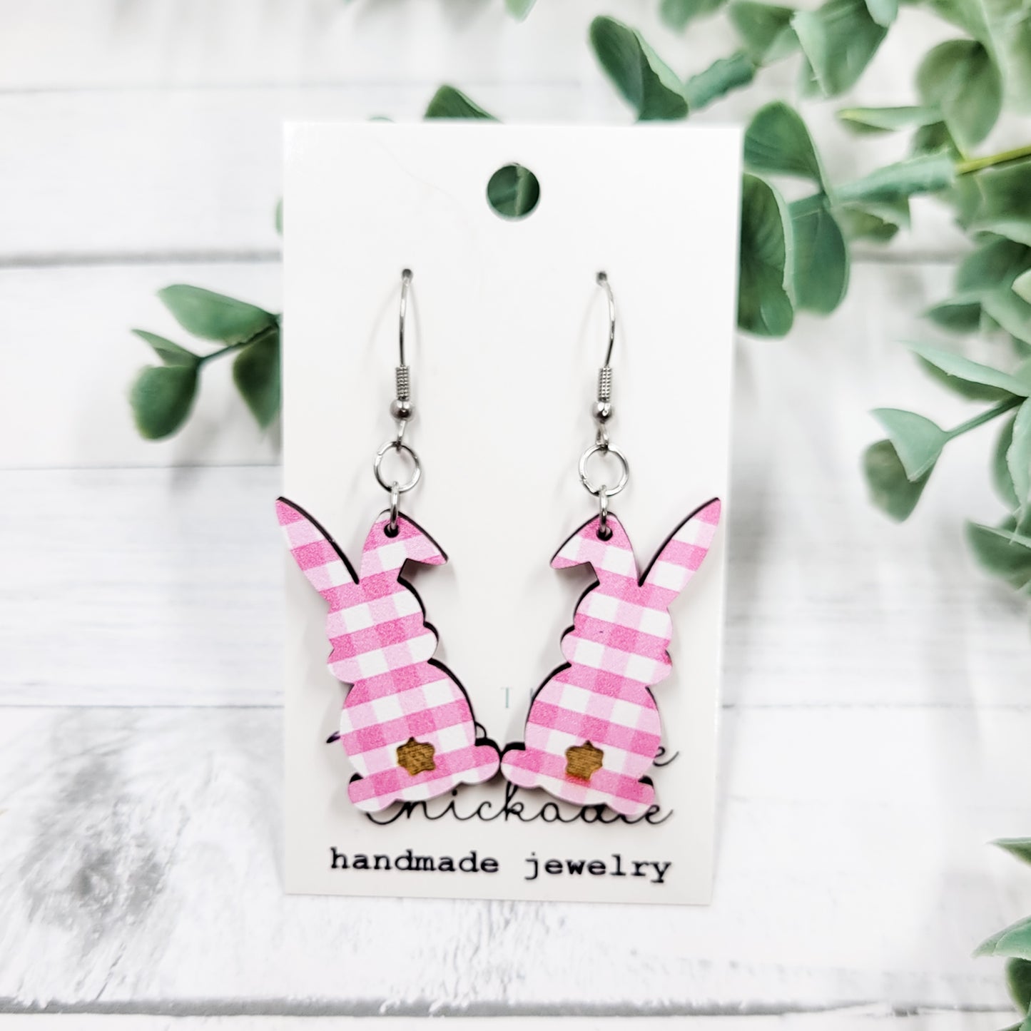 Pink Gingham Bunny Butts Wooden Dangle Earrings