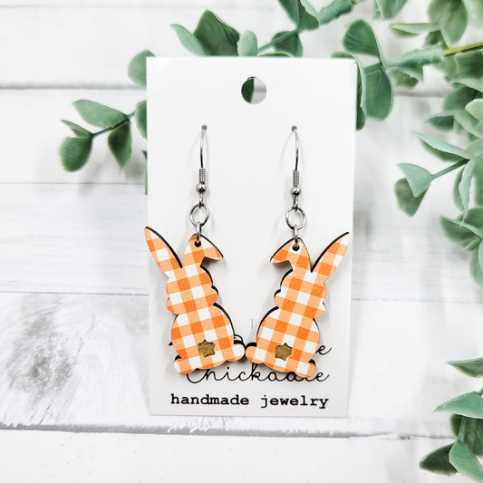 Orange Gingham Bunny Butts Wooden Dangle Earrings