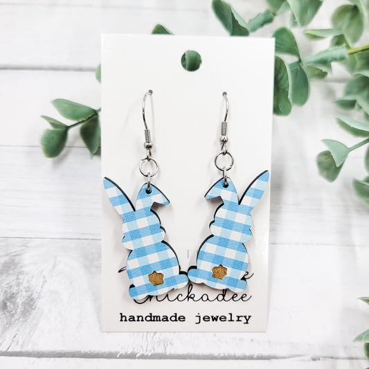 Blue Gingham Bunny Butts Wooden Dangle Earrings