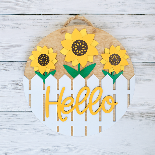 16" Hello Sunflower Fence Round Wooden Door Hanger