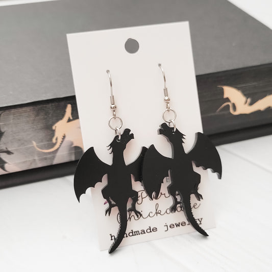 Matter Black Dragon Acrylic Dangle Earrings