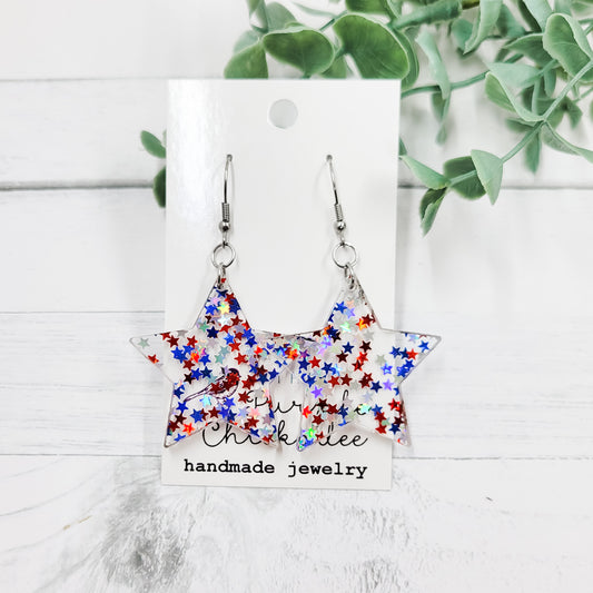 Red, White, and Blue Holographic Stars Acrylic Star Dangle Earrings