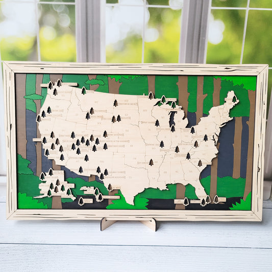 Handpainted "Forest" US National Parks Tracker Map - 18x11