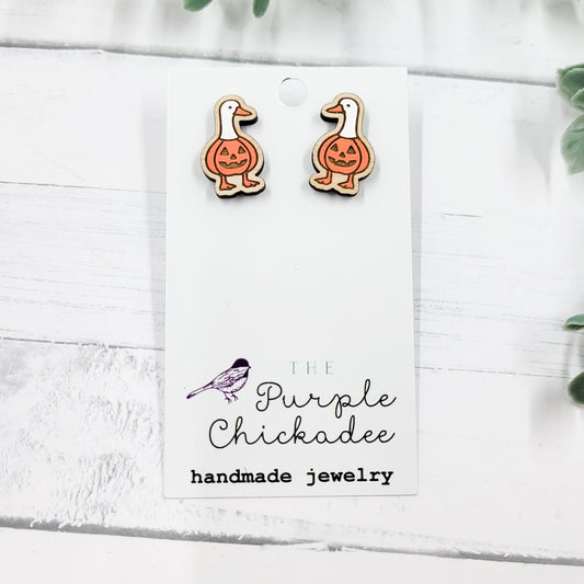 Goose In Pumpkin Handpainted Wooden Stud Earrings