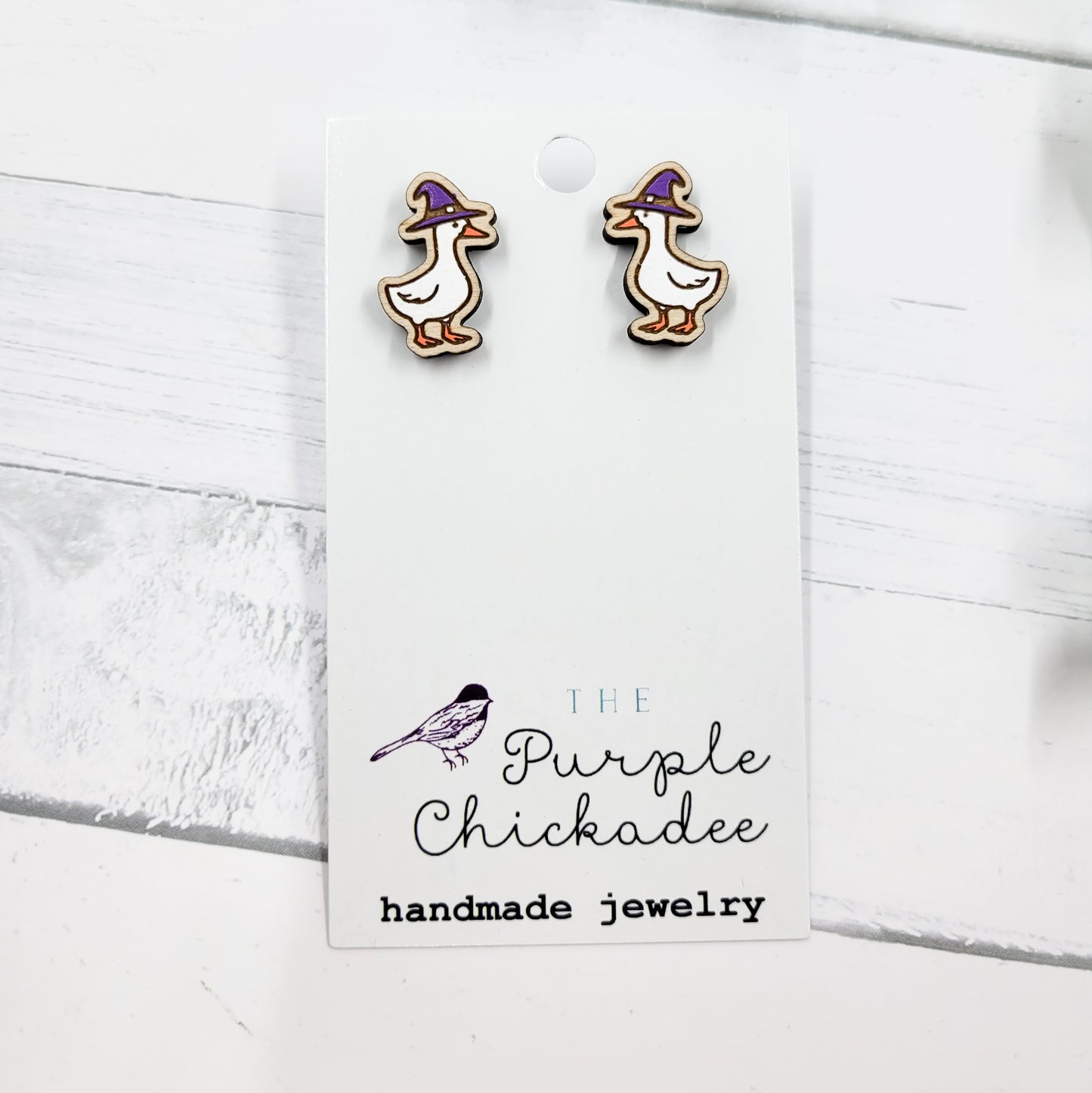 Witch Hat Goose Handpainted Wooden Stud Earrings