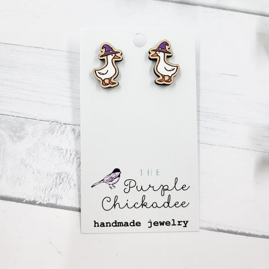Witch Hat Goose Handpainted Wooden Stud Earrings