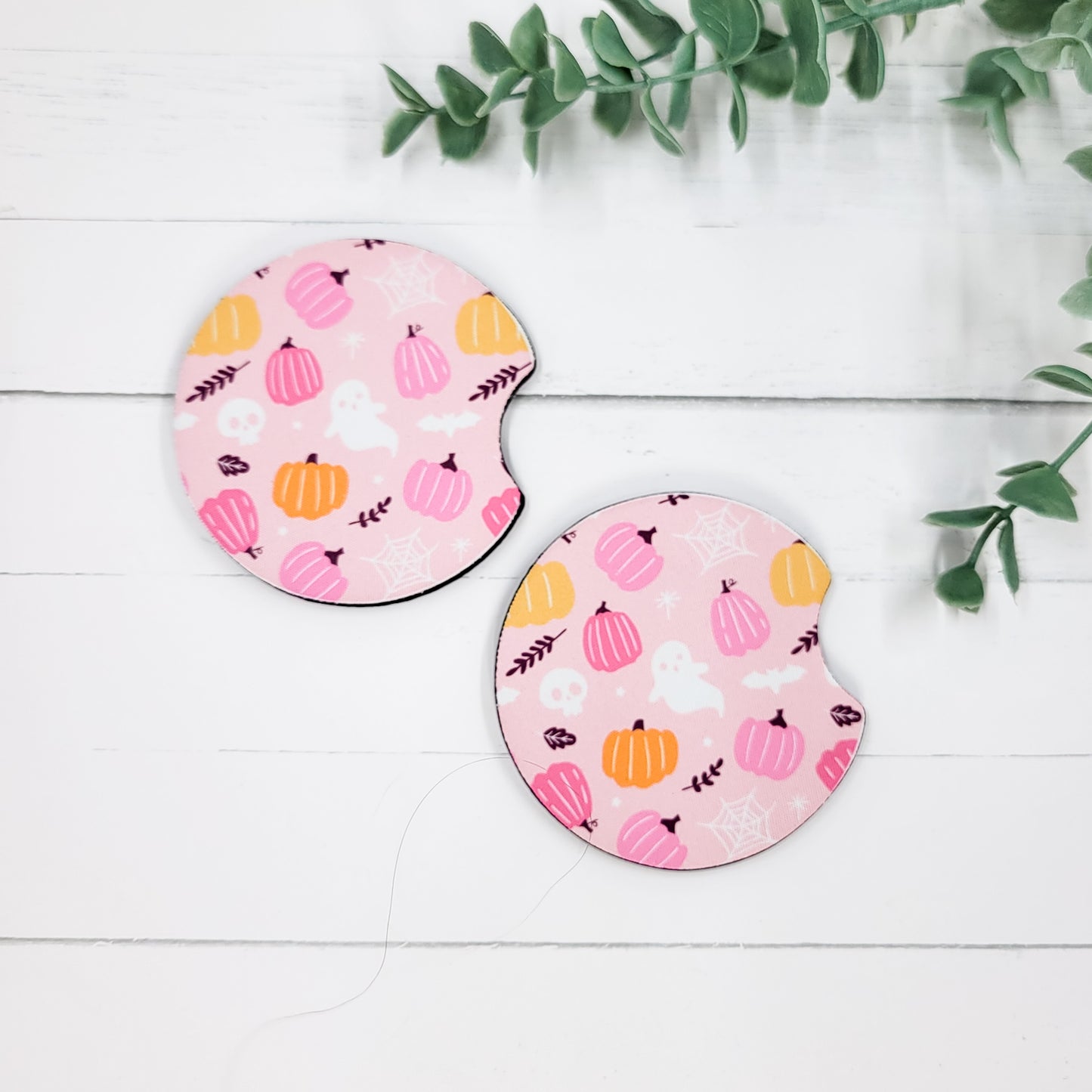 Pink Halloween Car Coasters – Ghosts & Pumpkins Design