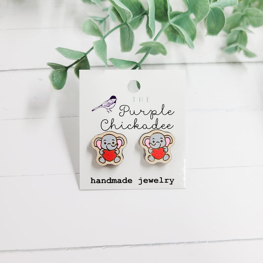Elephant Hugging Heart Handpainted Wooden Stud Earrings
