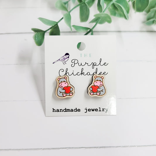 Hippopotamus Hugging Heart Handpainted Wooden Stud Earrings