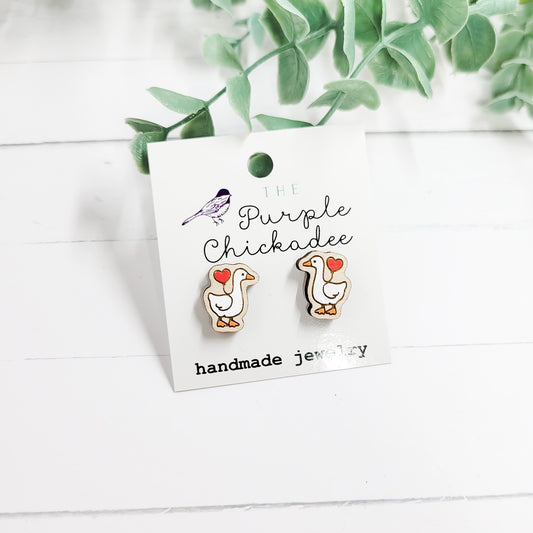 Red Heart Balloon Goose Handpainted Wooden Stud Earrings