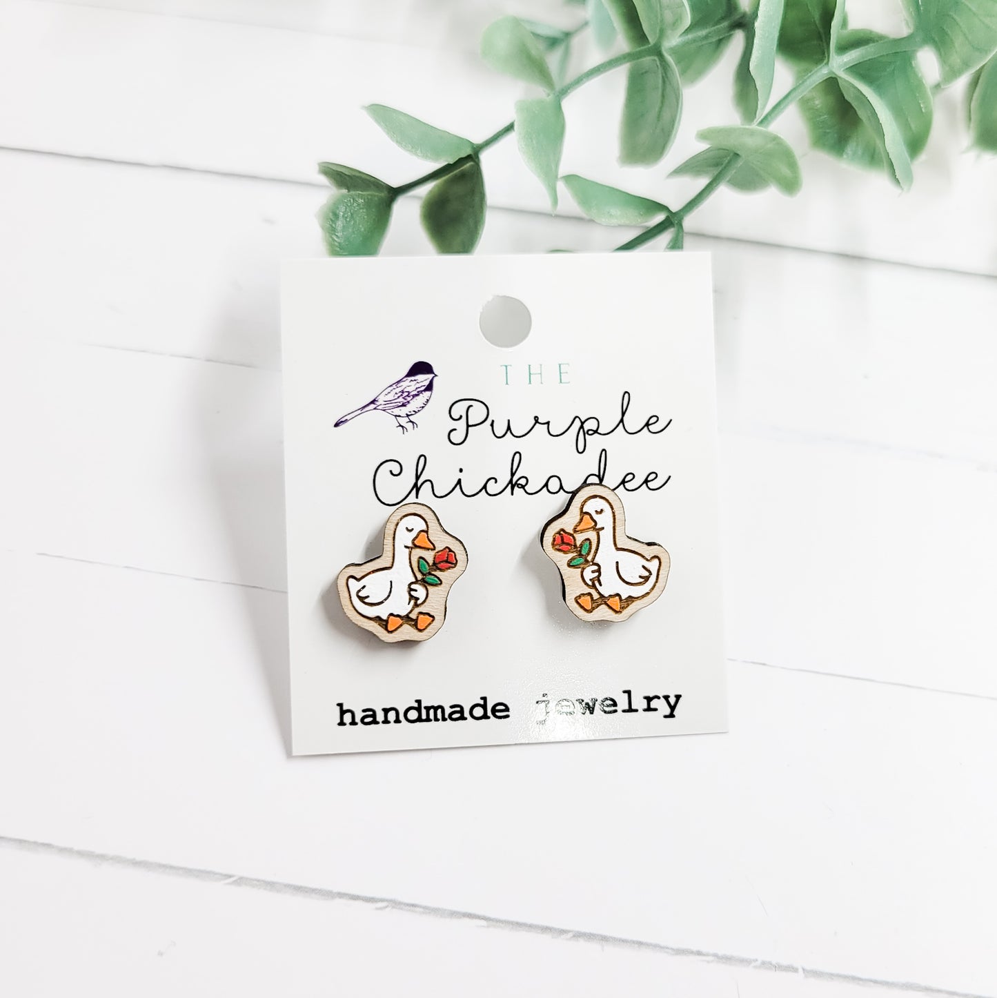 Goose With Rose Handpainted Wooden Stud Earrings