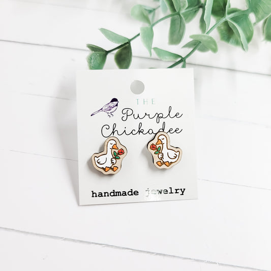 Goose With Rose Handpainted Wooden Stud Earrings