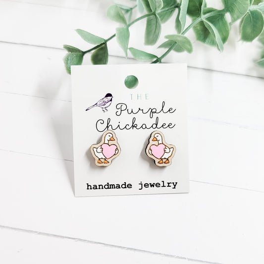Pink Heart Goose Handpainted Wooden Stud Earrings