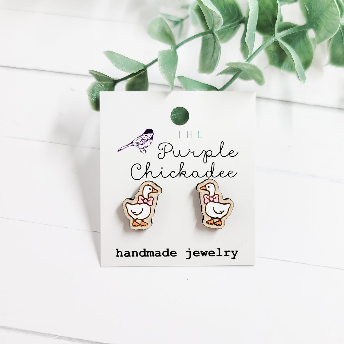 Pink Bowtie Goose Handpainted Wooden Stud Earrings