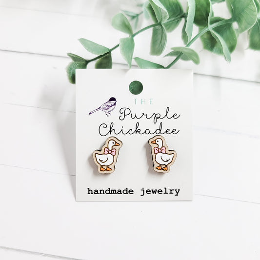 Pink Bowtie Goose Handpainted Wooden Stud Earrings