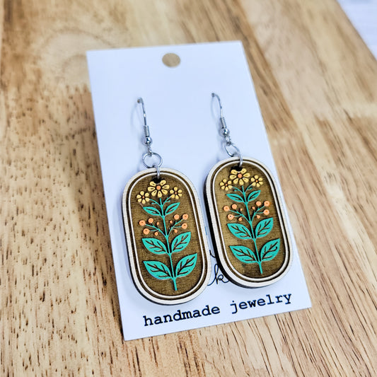 Hand-Painted Floral Wood Dangle Earrings – Retro Botanical Oval Drops