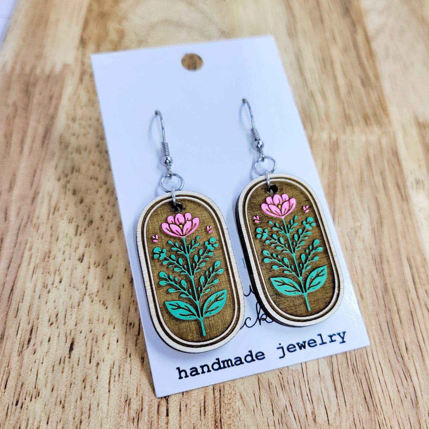 Pink Floral Wood Dangle Earrings – Hand-Painted Botanical Oval Drops – Boho Jewelry