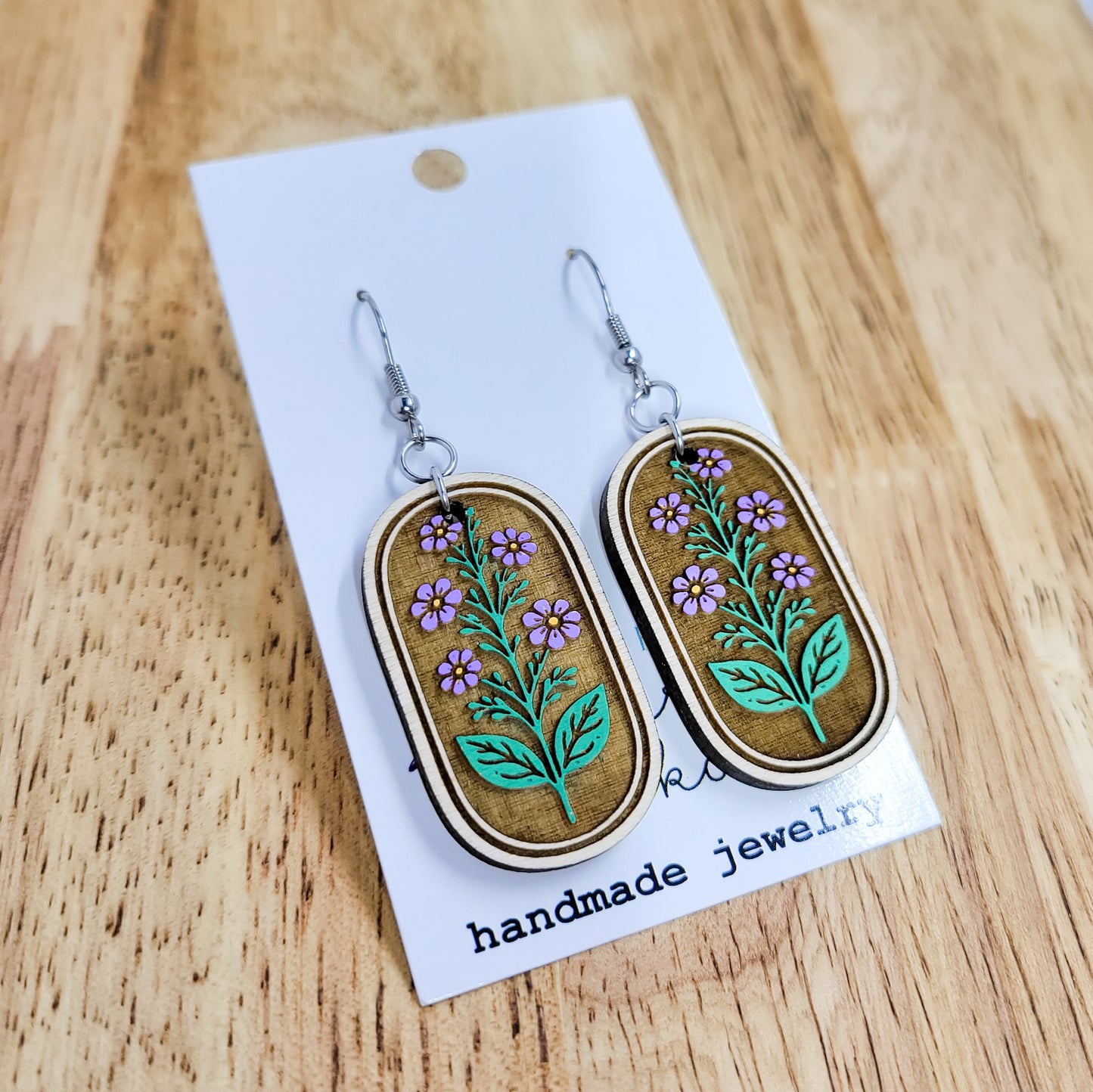 Purple Botanical Wood Dangle Earrings – Hand-Painted Floral Oval Drops
