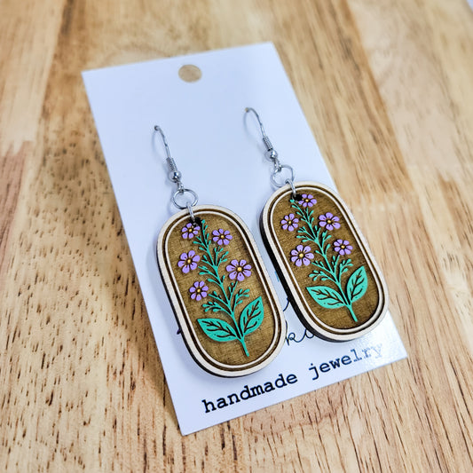 Purple Botanical Wood Dangle Earrings – Hand-Painted Floral Oval Drops