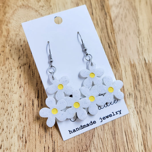 White Daisy Flower Glitter Acrylic Dangle Earrings