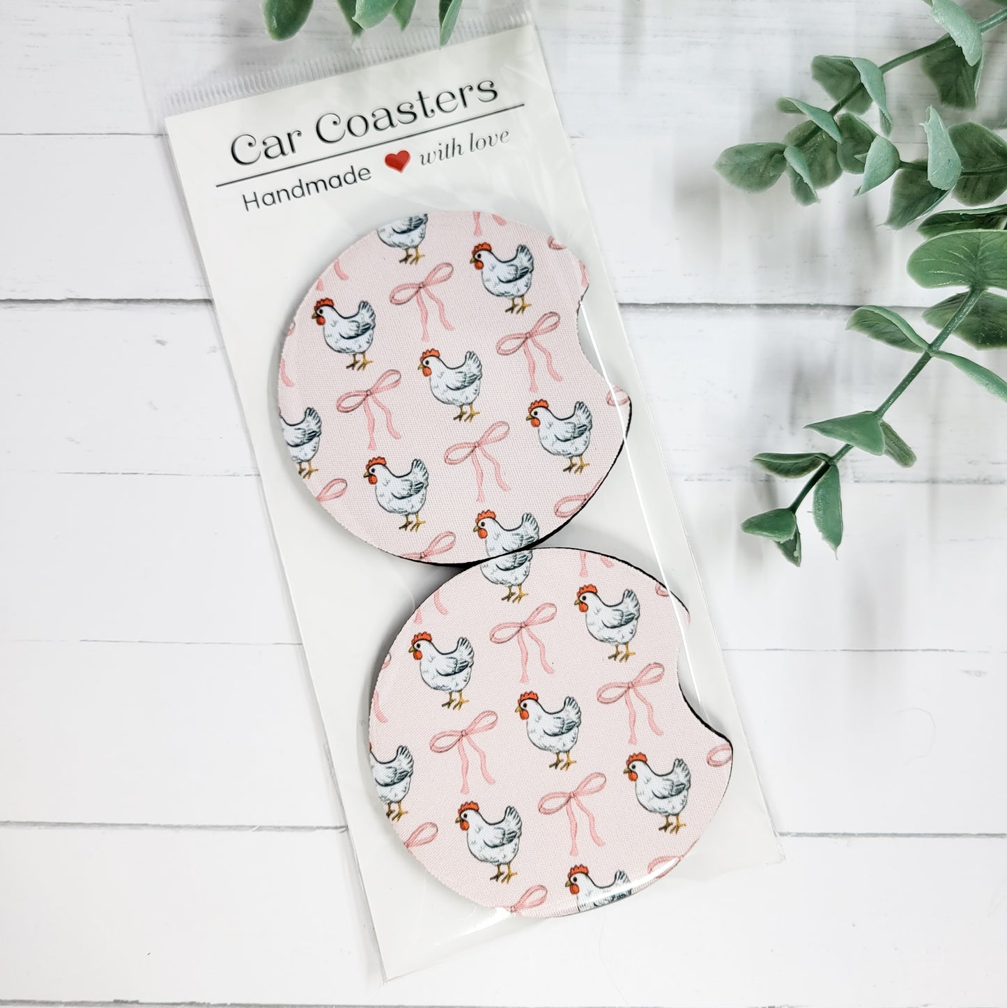 Pink Bows & Chickens Neoprene Car Coasters