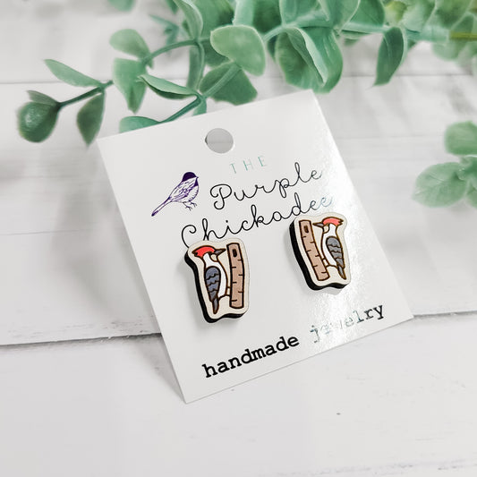 Woodpecker Handpainted Wooden Stud Earrings