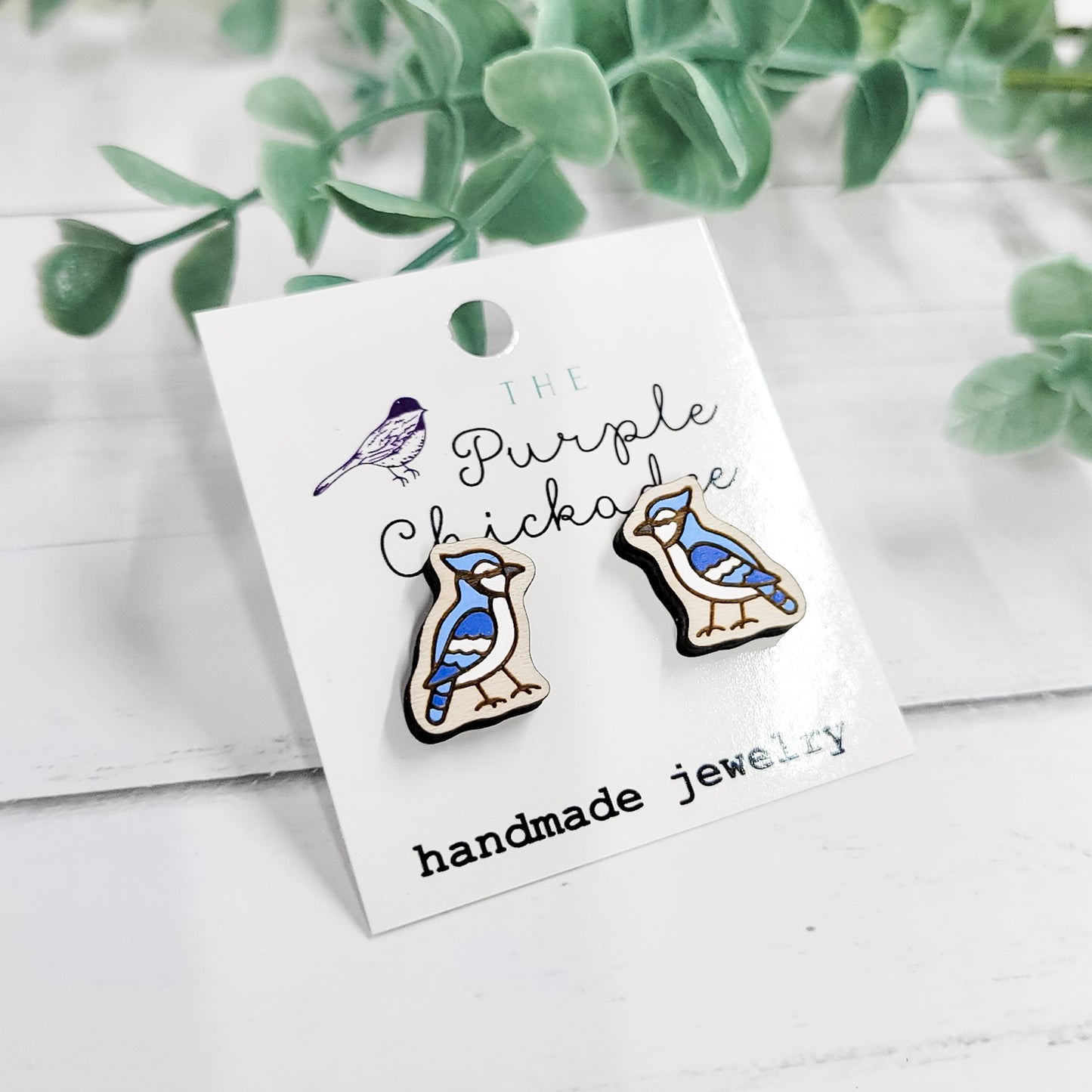 Blue Jay Handpainted Wooden Stud Earrings