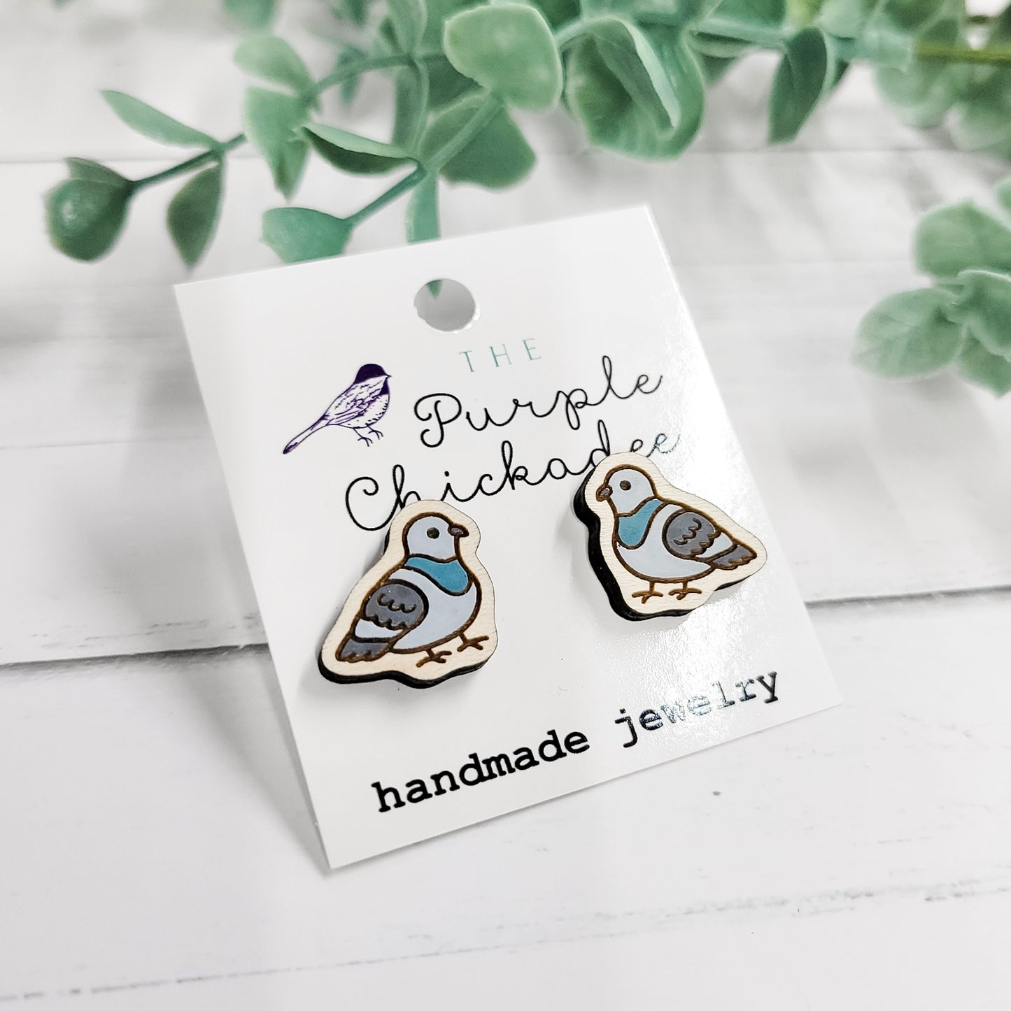 Pigeon Handpainted Wooden Stud Earrings