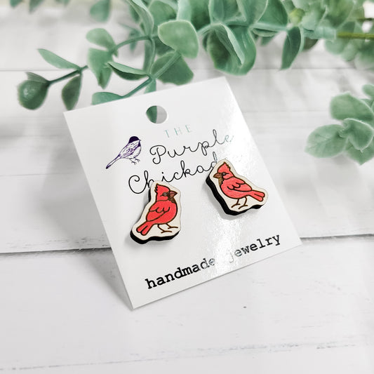 Cardinal Handpainted Wooden Stud Earrings