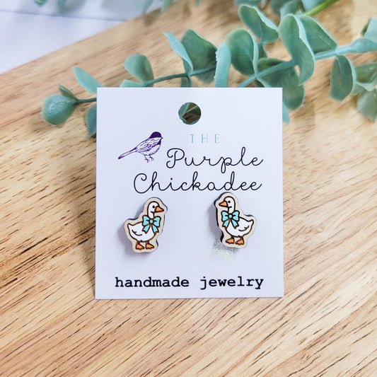 Mint Bow Easter Goose Handpainted Wooden Stud Earrings