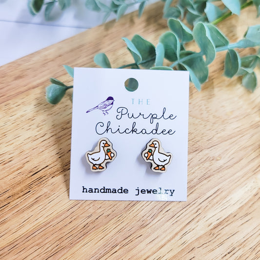 Carrot Easter Goose Handpainted Wooden Stud Earrings
