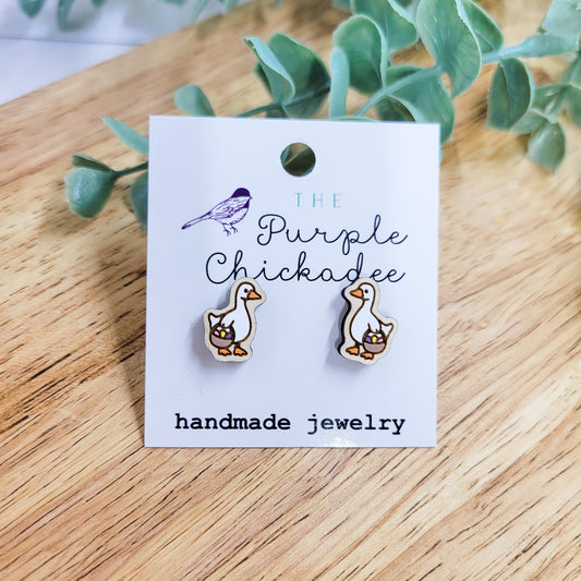 Easter Basket Goose Handpainted Wooden Stud Earrings