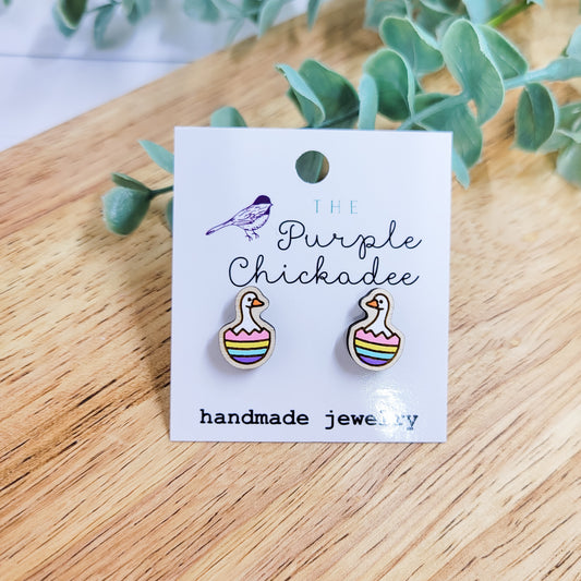 Cracked Egg Easter Goose Handpainted Wooden Stud Earrings
