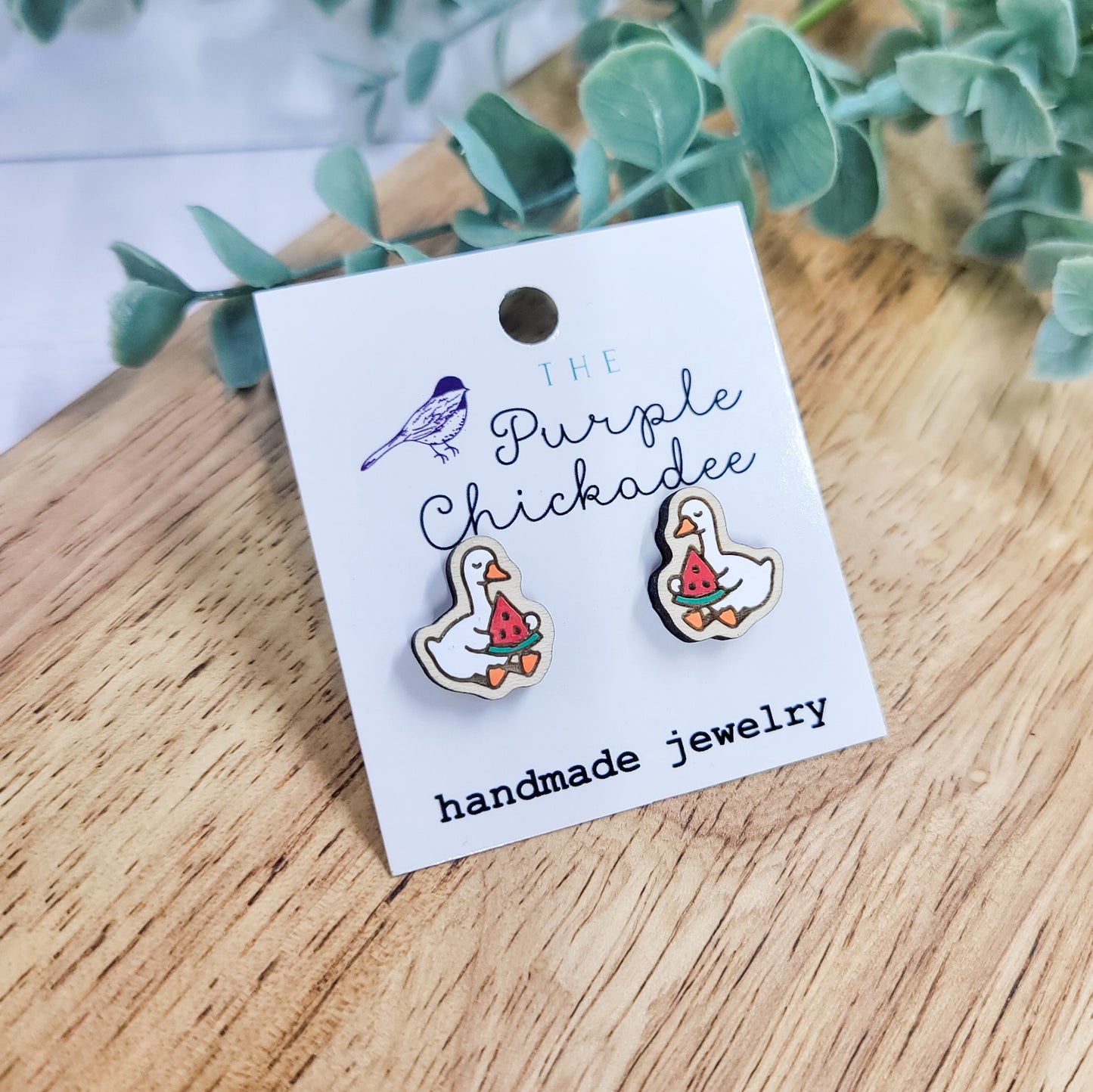 Watermelon Slice Goose Handpainted Wooden Stud Earrings