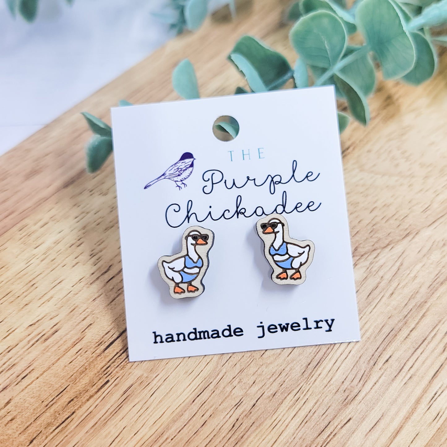 Swimming Suit Goose Handpainted Wooden Stud Earrings