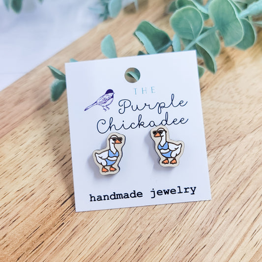Swimming Suit Goose Handpainted Wooden Stud Earrings