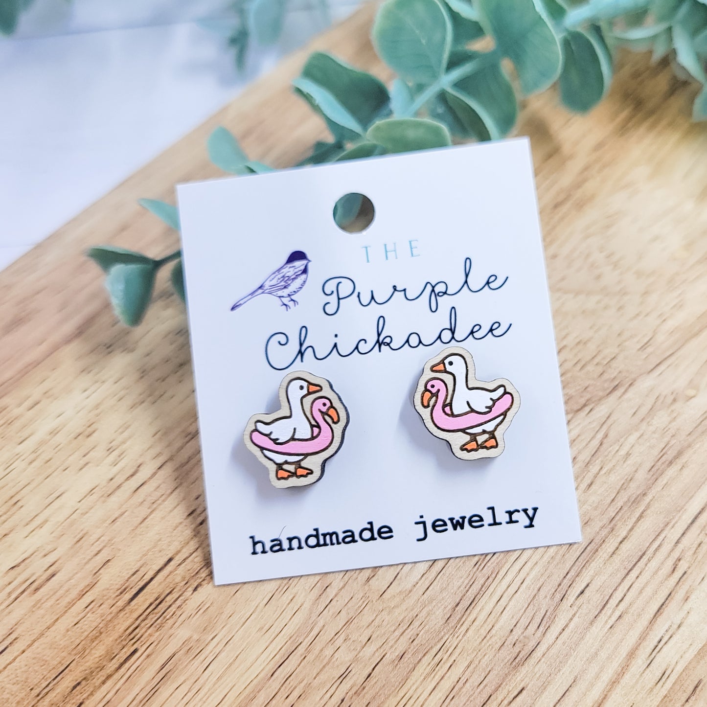 Flamingo Floatie Goose Handpainted Wooden Stud Earrings