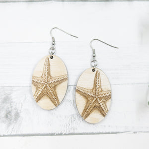 Distressed Starfish Wooden Oval Dangle Earrings