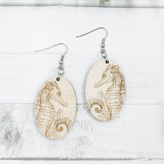 Distressed Seahorse Wooden Oval Dangle Earrings