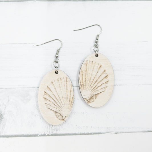 Distressed Seashell Wooden Oval Dangle Earrings