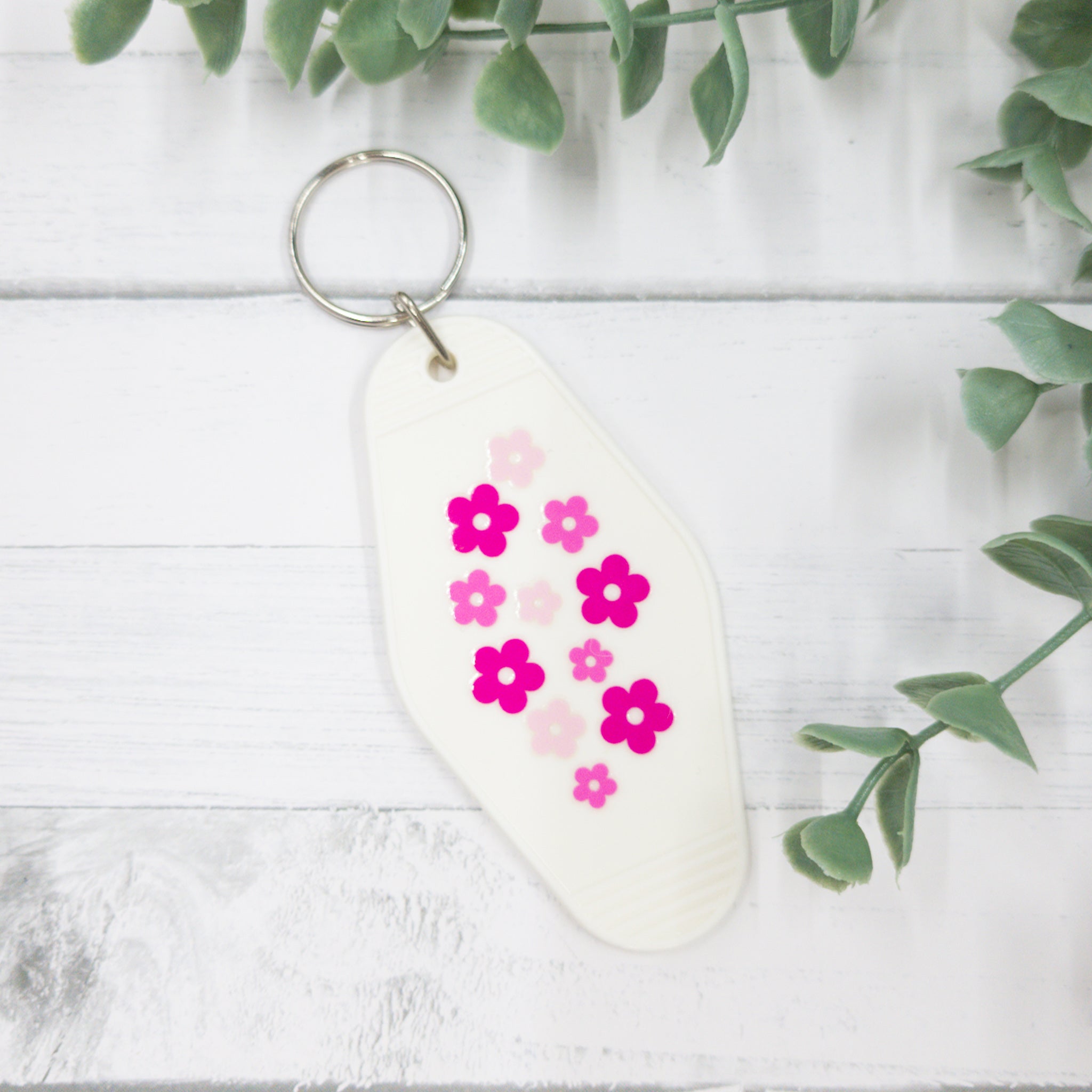 Pink Flower Power White Hotel Style Keychain