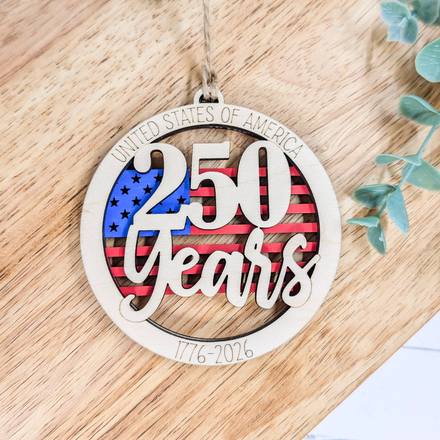 250 Years American Flag Wooden Ornament