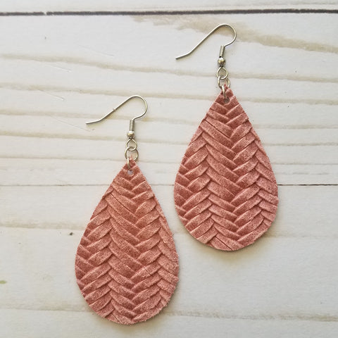 Dusty Pink Fish Tail Braid Leather Drop Earrings