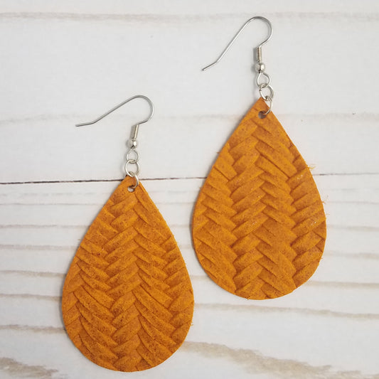 Mustard Fish Tail Braid Leather Drop Earrings