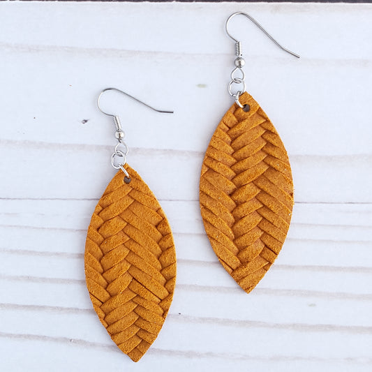 Mustard Braided Leather Petal Earrings