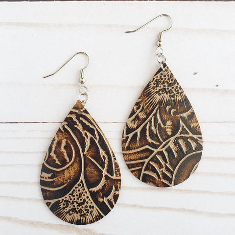 Tooled Brown Leather Drop Earrings
